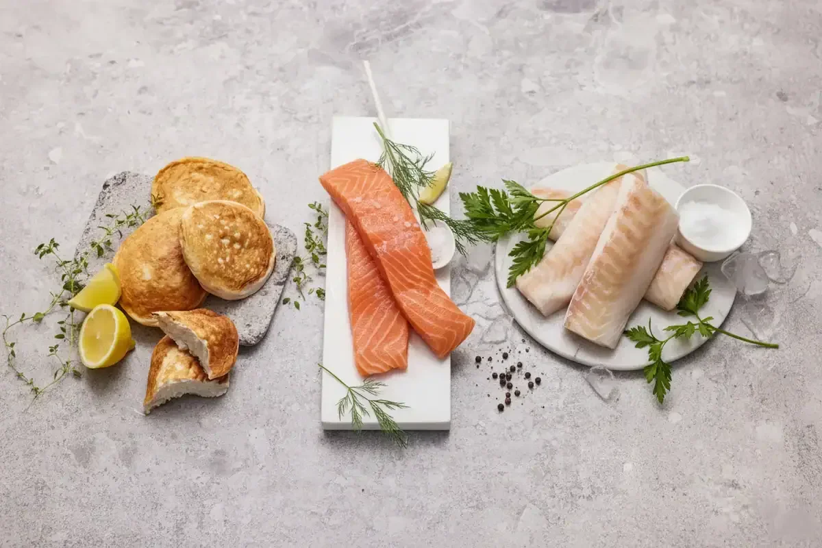 Fiskedisken på Fiskebilen med laksefilet, torskeloin og fiskekaker levert hjem