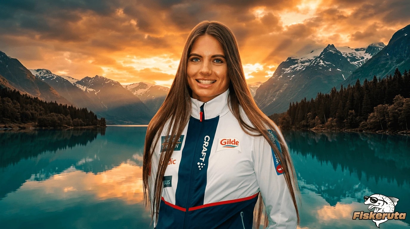 Kristine Stavås Skistad i landslagsdrakt ved en norsk fjord i solnedgang, ambassadør og ansikt utad for Fiskeruta